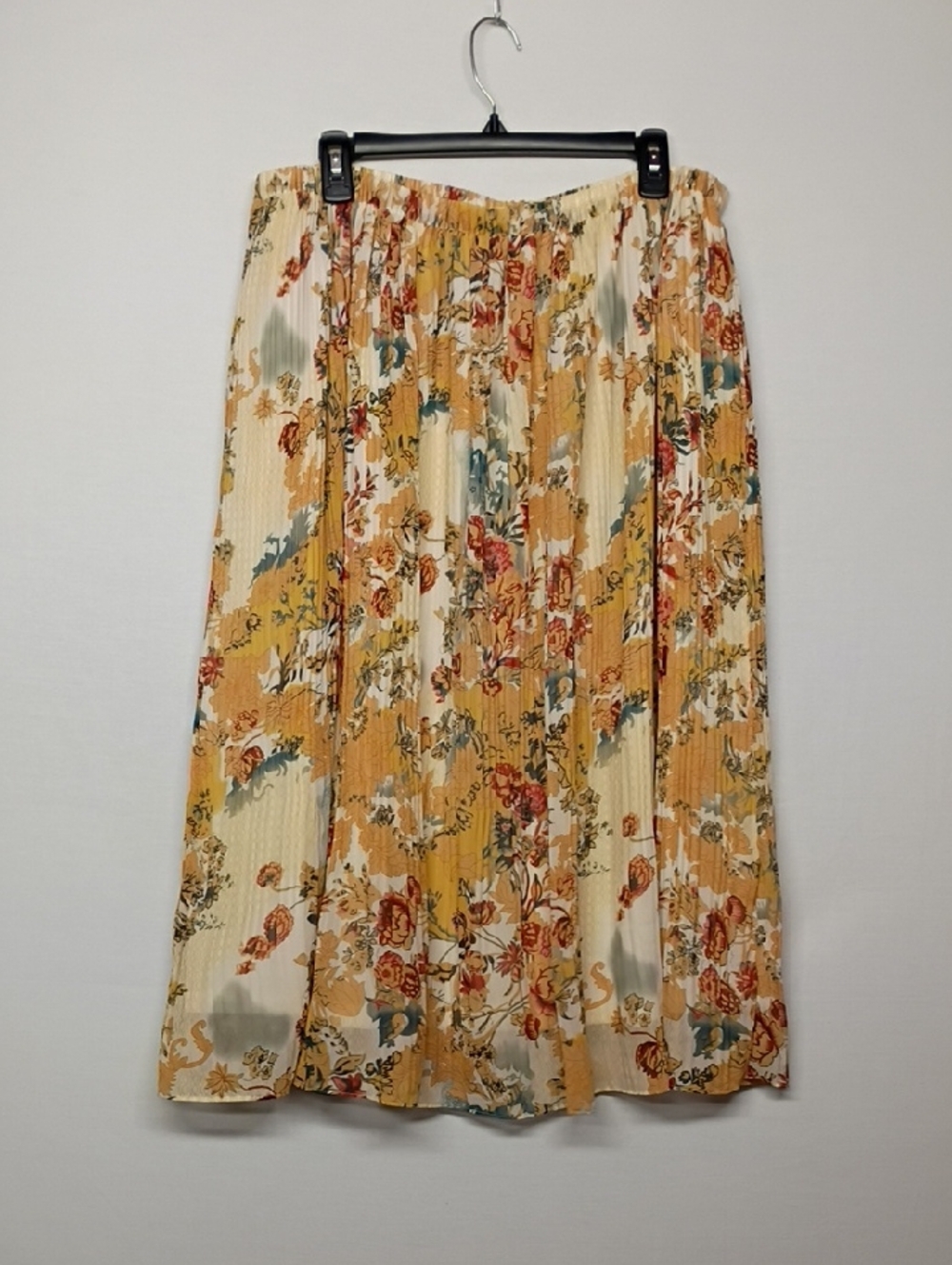 krazy kat Floral Pleated Midi Skirt in Mustard, Cream and Teal